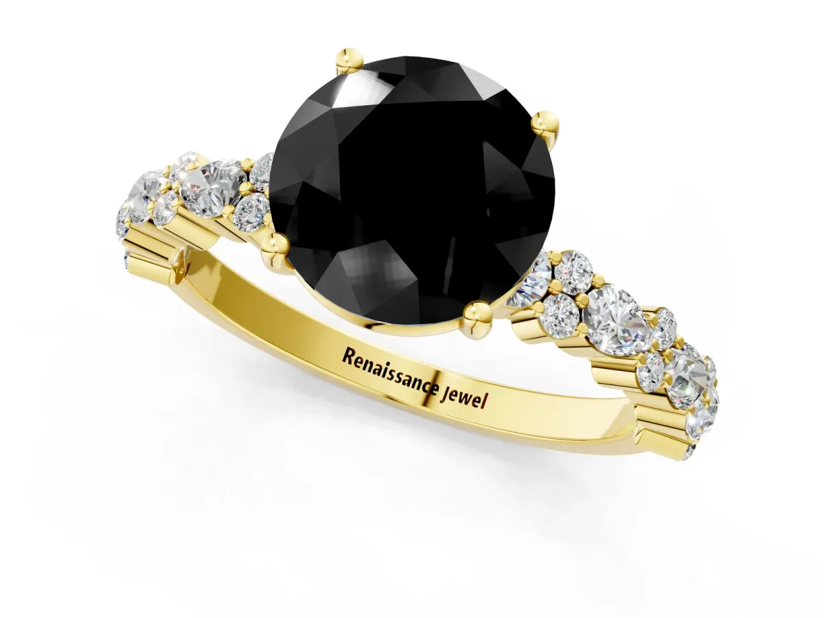 Fancy Black Round Cut Diamond Side Stone Solitaire Ring with Round and Four-Prong Setting Yellow gold