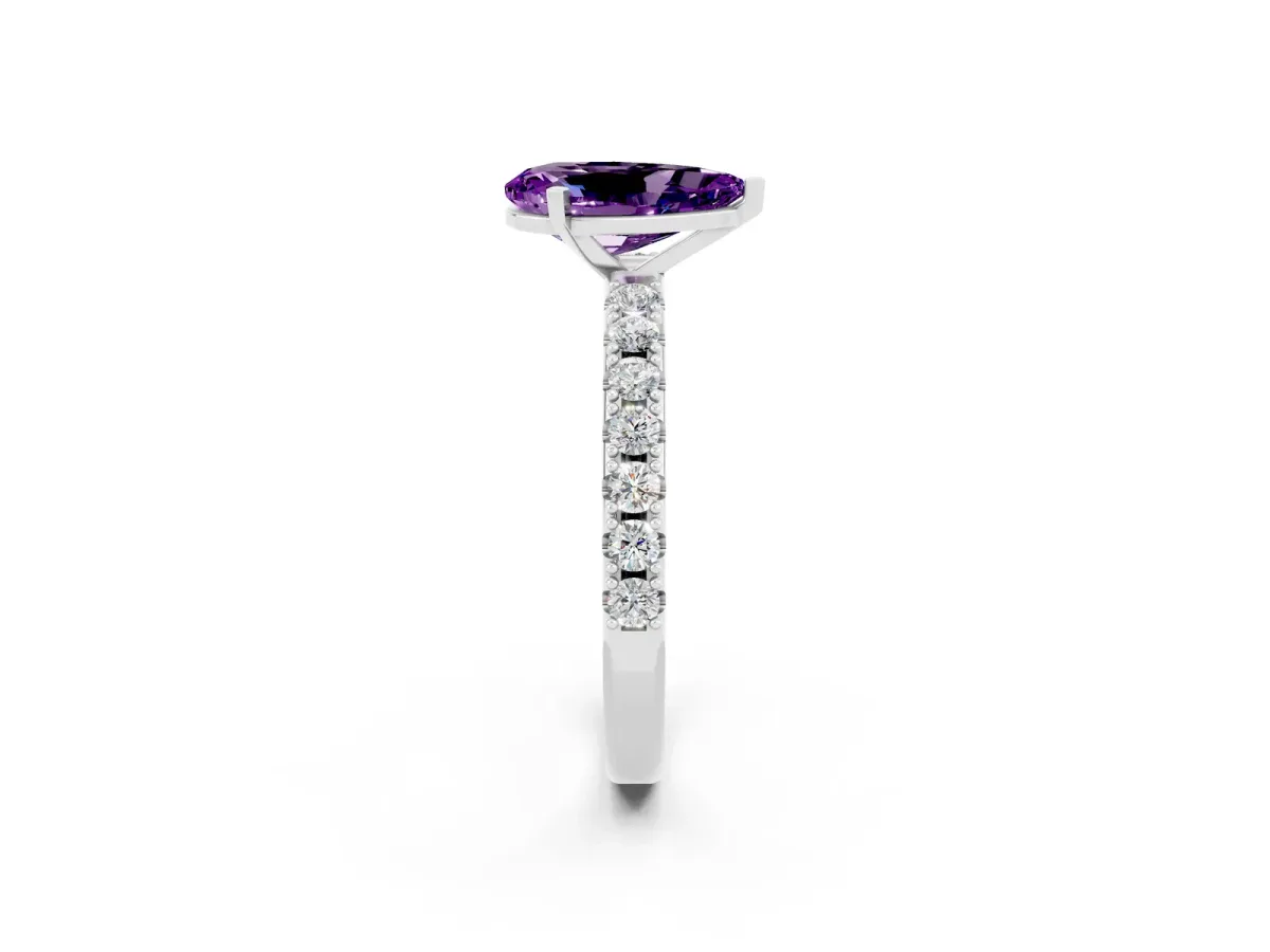 Pear Cut Amethyst Solitaire Pavé Band with Four-Prong Setting Silver