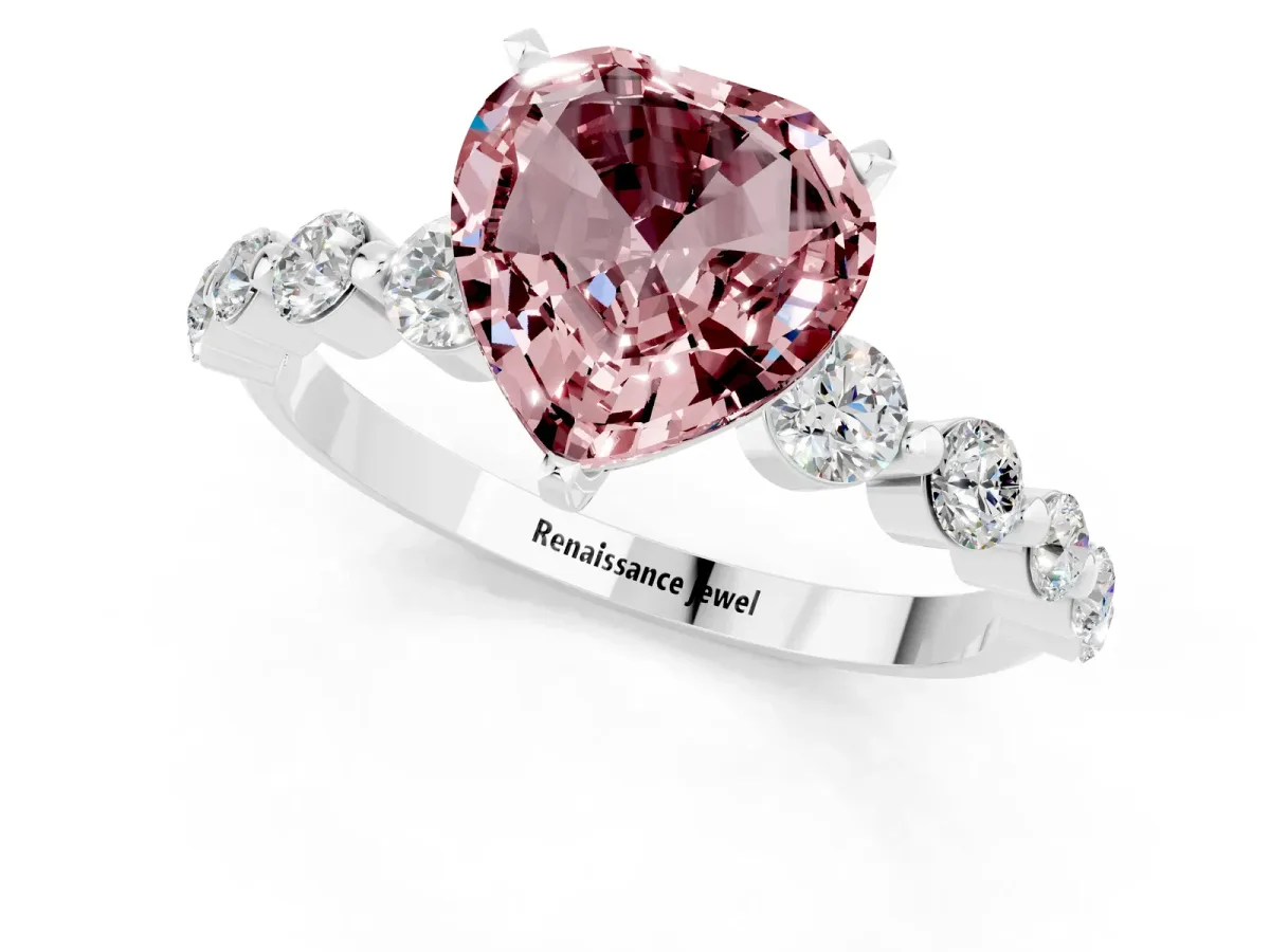 Heart Cut Solitaire Morganite Ring with Pave Band and Four-Prong Setting Silver