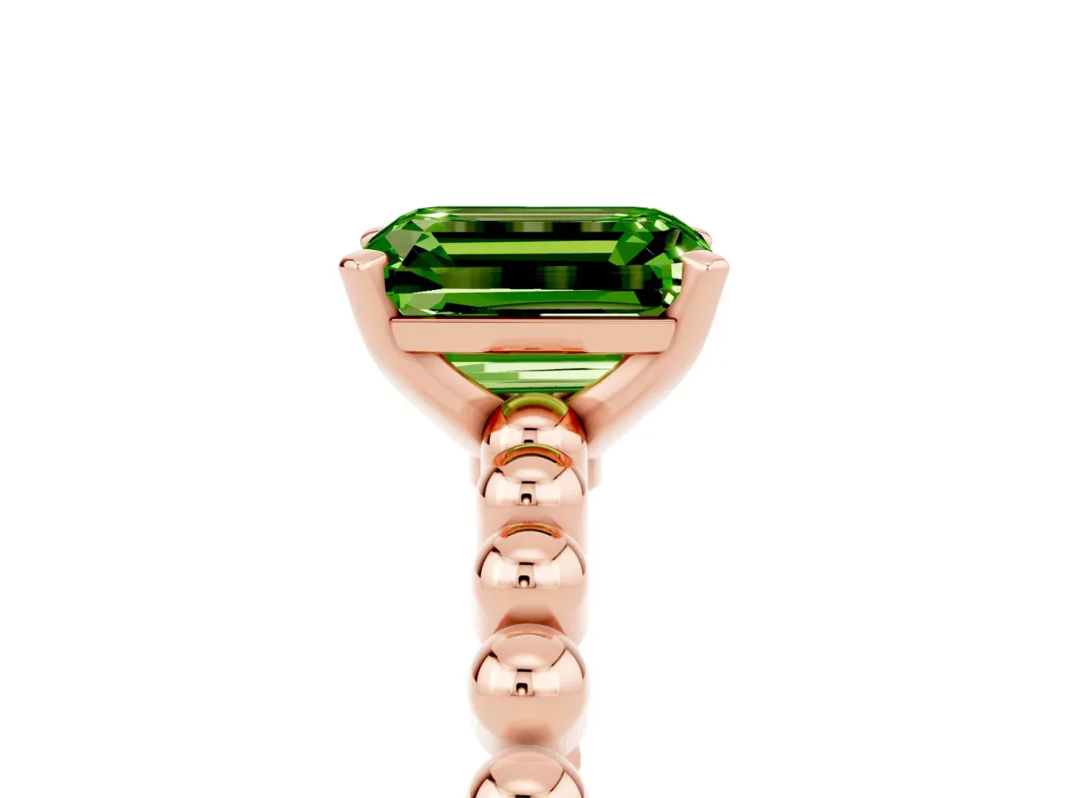 Emerald Cut Peridot Solitaire Ring with Beaded Band and Prong Setting Rose gold