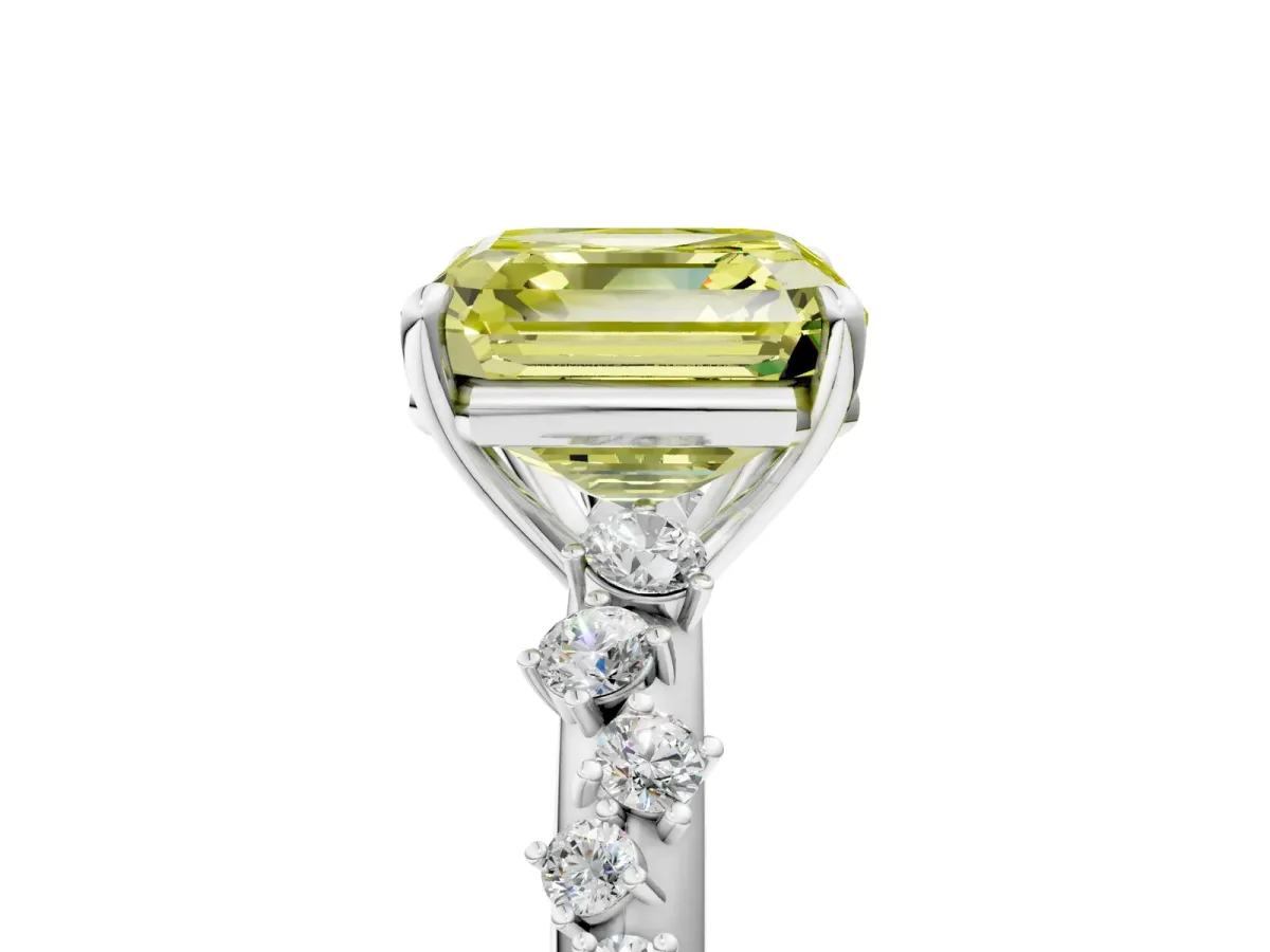 Fancy Yellow Asscher Cut Diamond Cluster Side Stone Solitaire Ring with Prong Setting Platinum