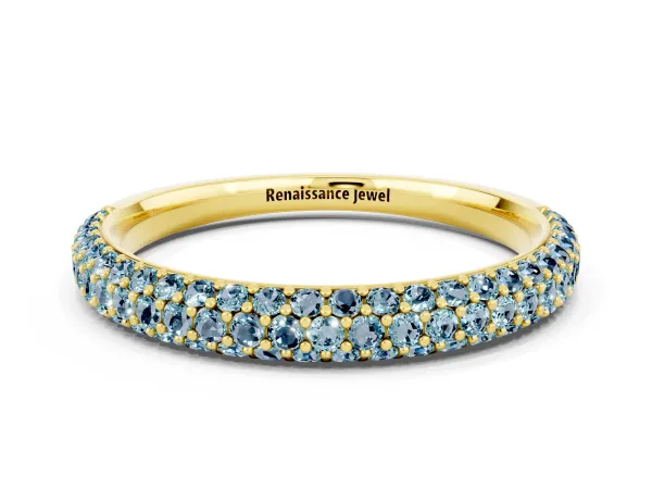 Round Aquamarine Pavé Eternity Band with Shared Prong Setting Yellow gold