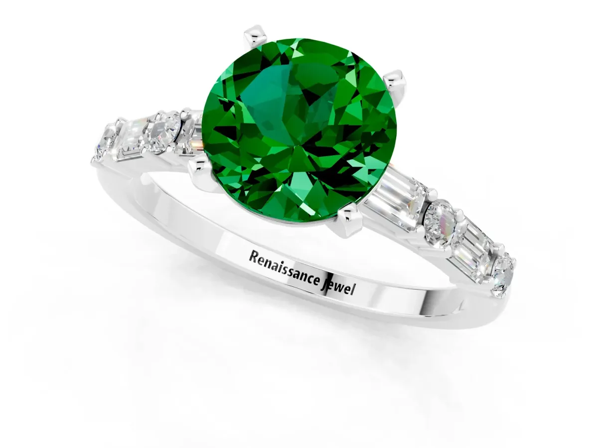 Round Cut Emerald Solitaire with Side Baguettes and Channel Set Band Platinum