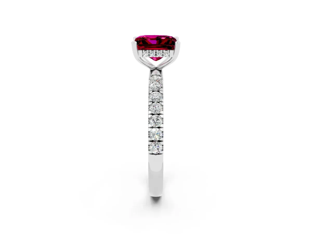 Princess Cut Garnet Pave Band Solitaire Ring with Round and Prong Setting Platinum