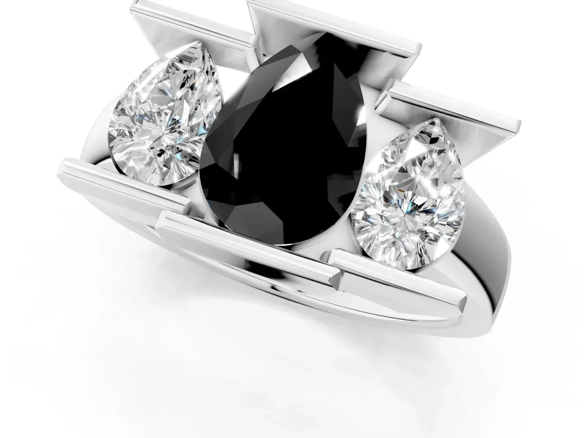 Fancy Black Three Stone Pear Cut Cut Channel Set Diamond Ring Silver