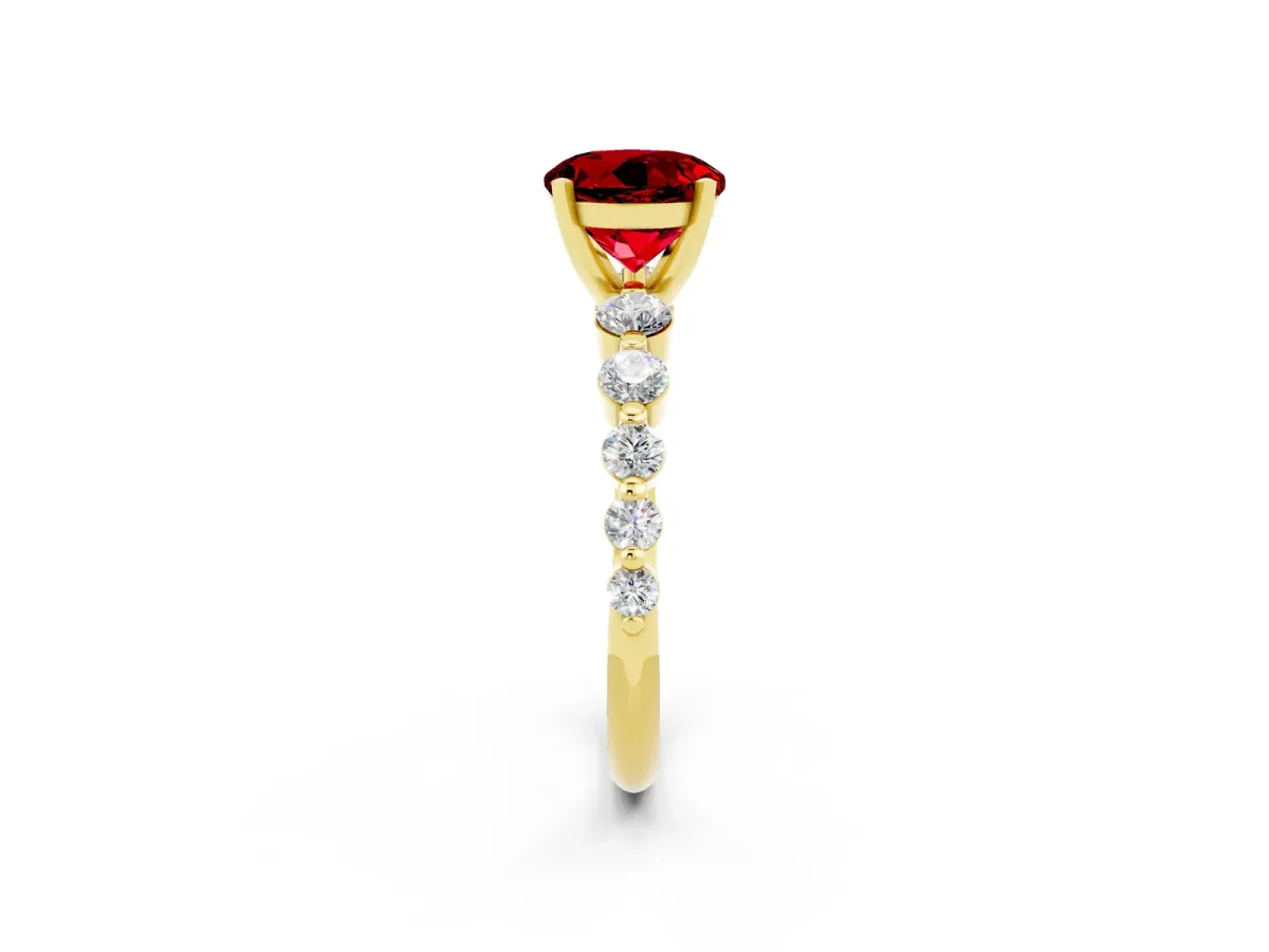 Round Cut Solitaire Ruby Ring with Pave Band and Four-Prong Setting Yellow gold