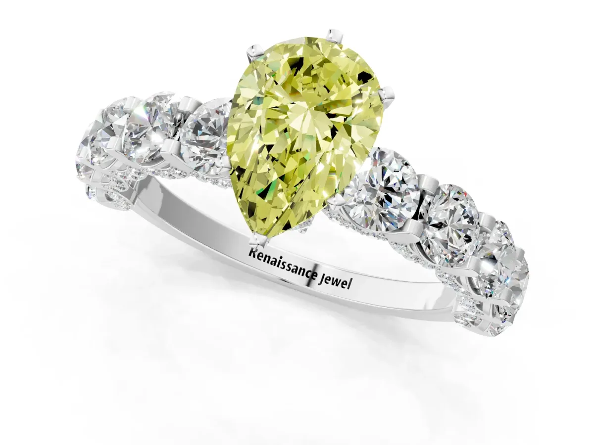 Fancy Yellow Pear Cut Diamond Side Stone Engagement Ring with Four-Prong Setting Silver