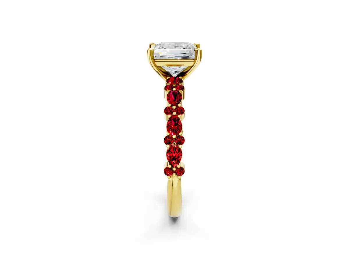 Princess Cut Diamond Side Stone Solitaire Ring with Round Ruby and Four-Prong Setting Yellow gold