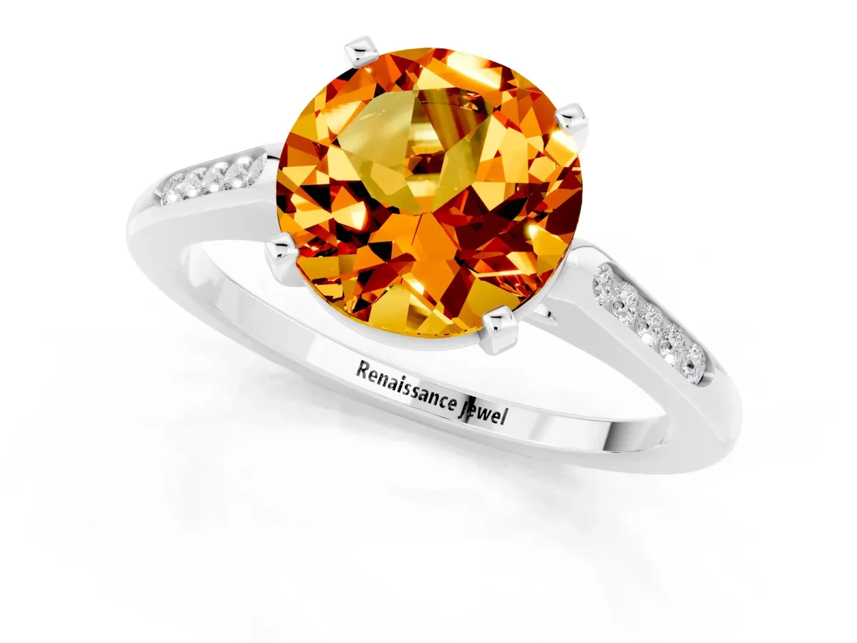 Round Cut Citrine Solitaire Ring with Channel Set Round Band and Prong Setting Silver