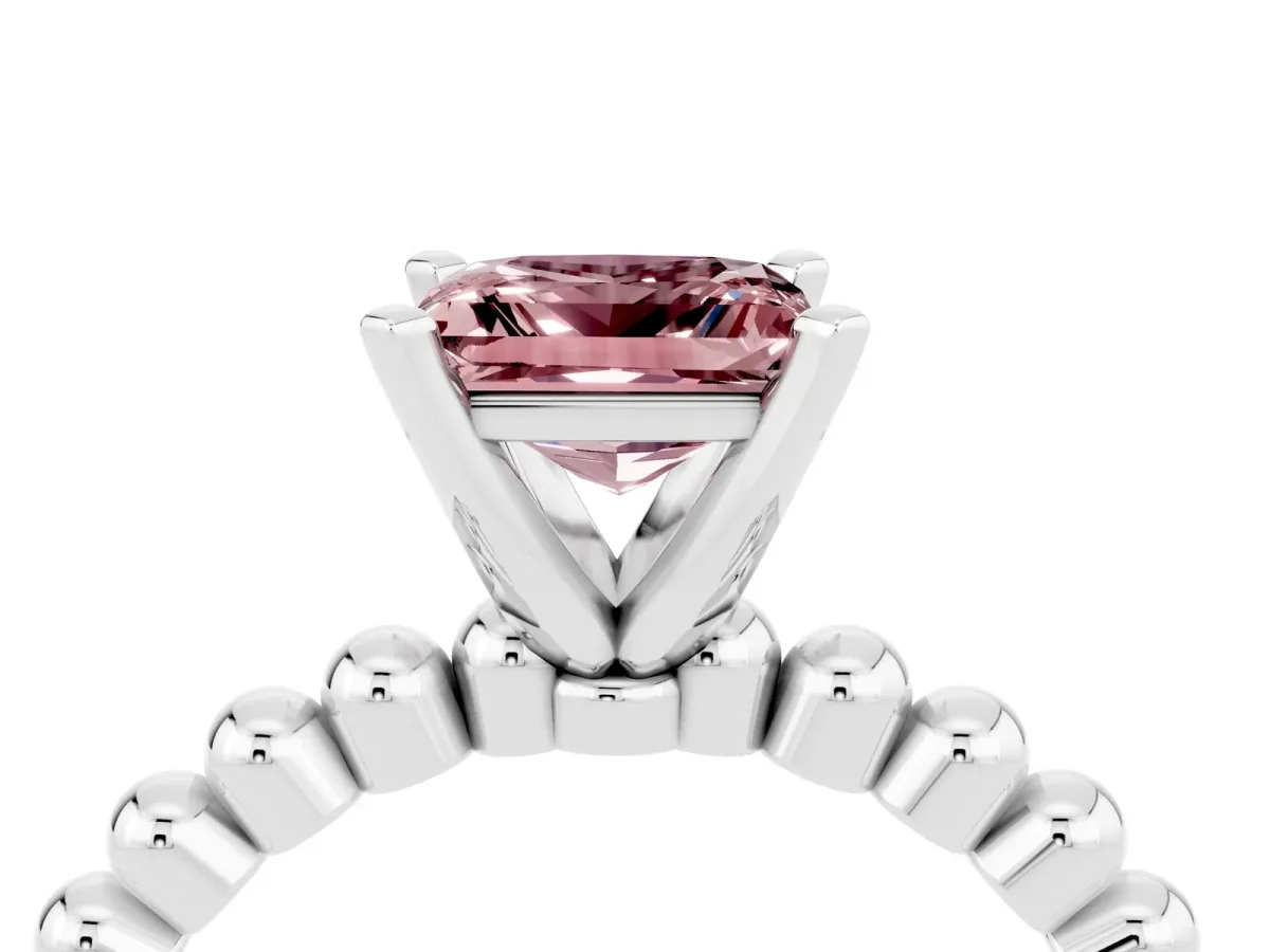 Princess Cut Morganite Solitaire Ring with Beaded Band and Prong Setting Platinum