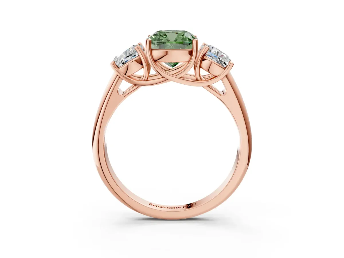 Fancy Green Three-Stone Cushion Cut Diamond Engagement Ring with Prong Setting Rose gold