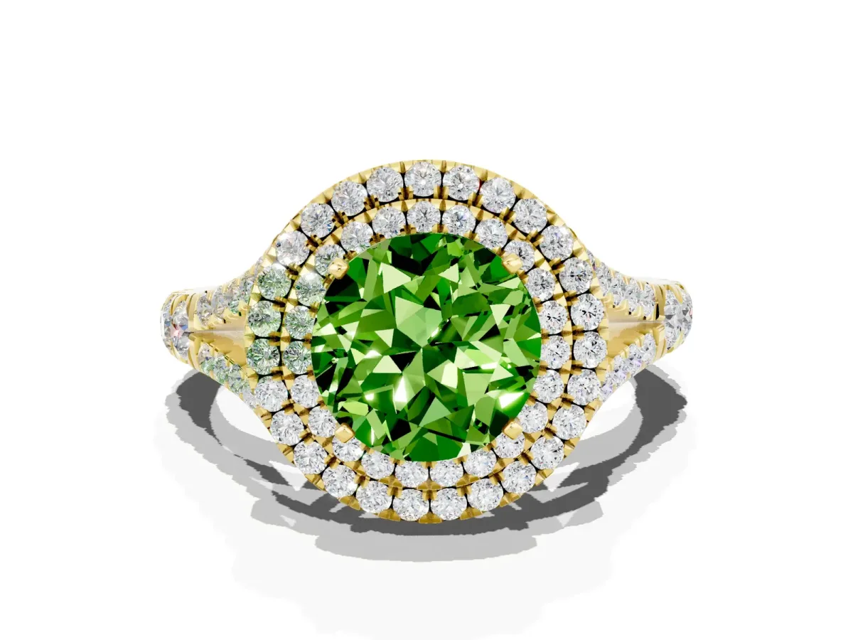 Round Cut Peridot Double Halo Ring with Split Shank and Prong Setting Yellow gold