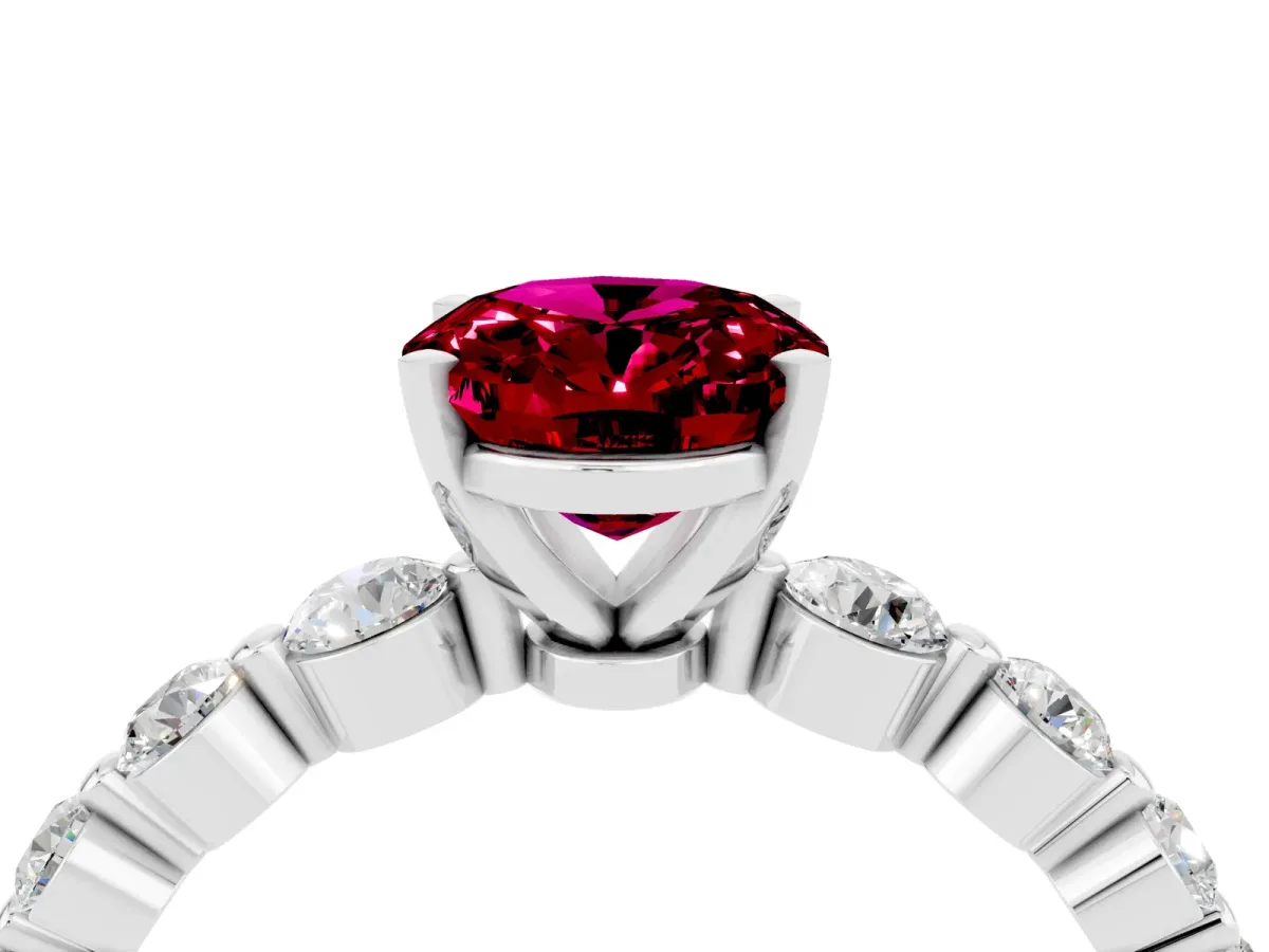 Oval Cut Solitaire Garnet Ring with Pave Band and Four-Prong Setting Silver