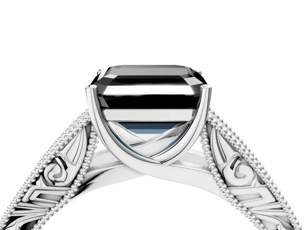 Fancy Black Asscher Cut Diamond Solitaire Ring with Engraved Band and Four-Prong Setting Platinum