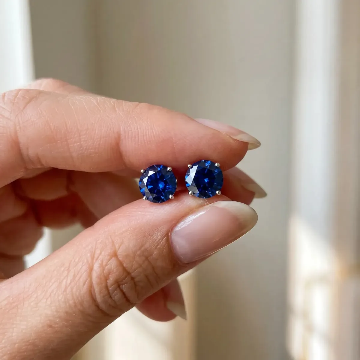 Round Cut Blue Sapphire Stud Earrings Silver