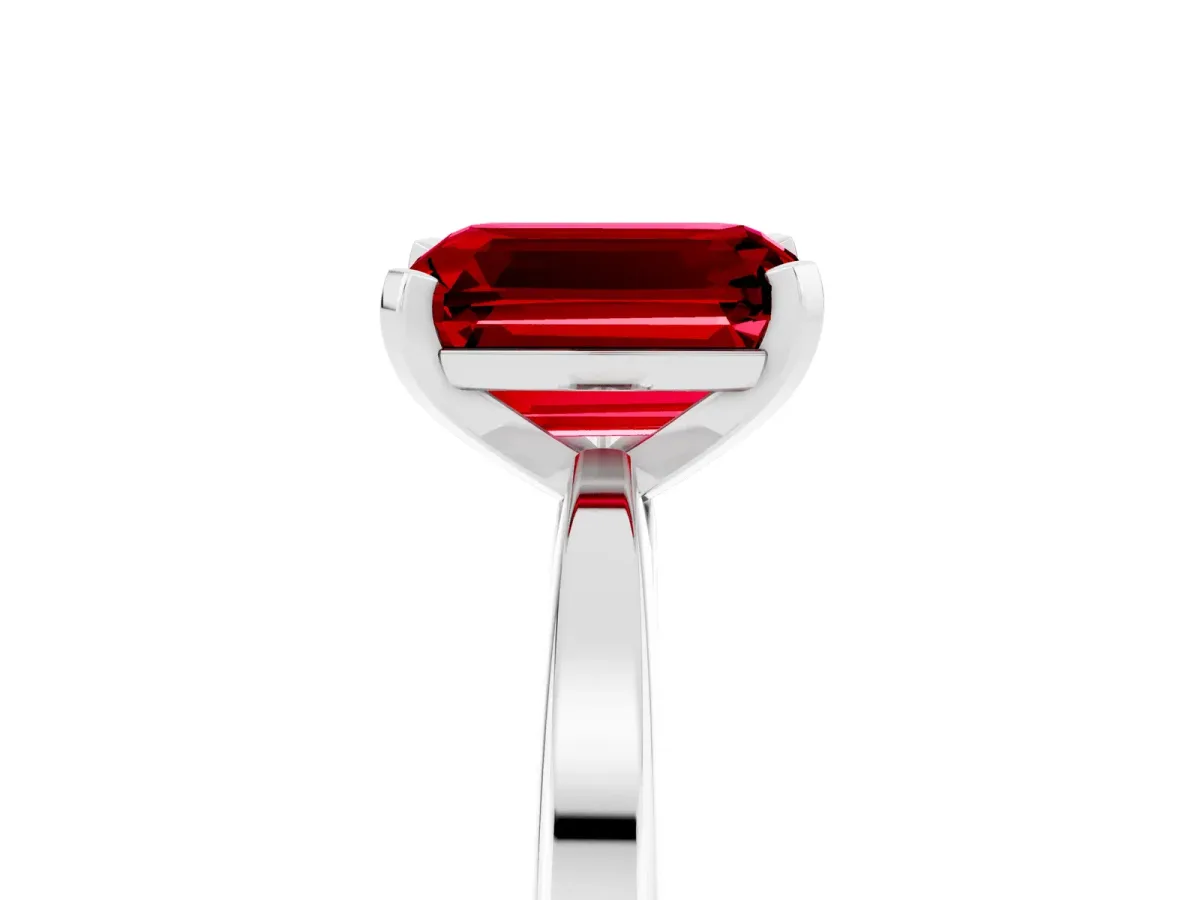 Emerald Cut Ruby Solitaire Engagement Ring with Classic Band and Four-Prong Setting Silver