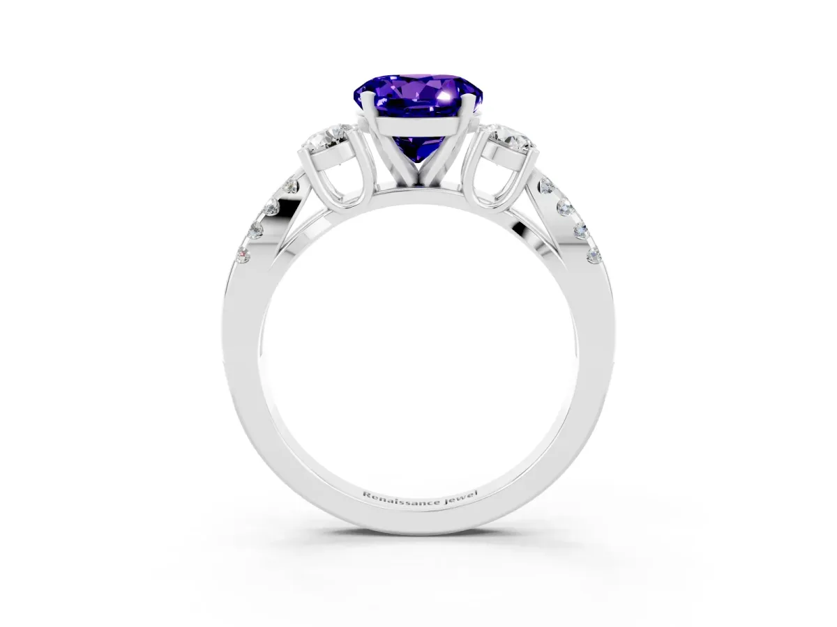Round Cut Tanzanite Three-Stone Ring with Pavé Split Shank and Four-Prong Setting Silver