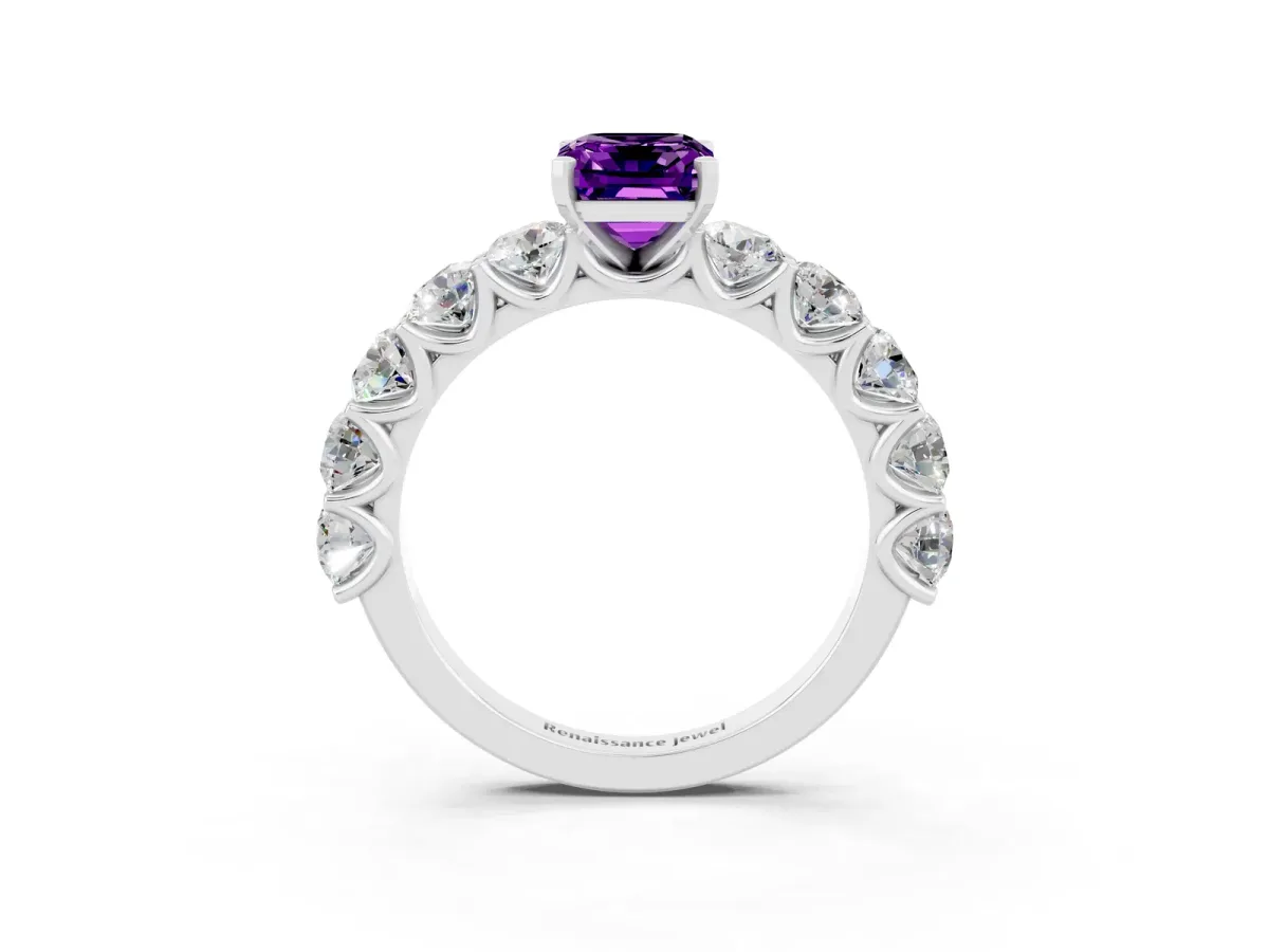 Emerald Cut Amethyst Prong Setting with Side Stones on a Pave Band Silver