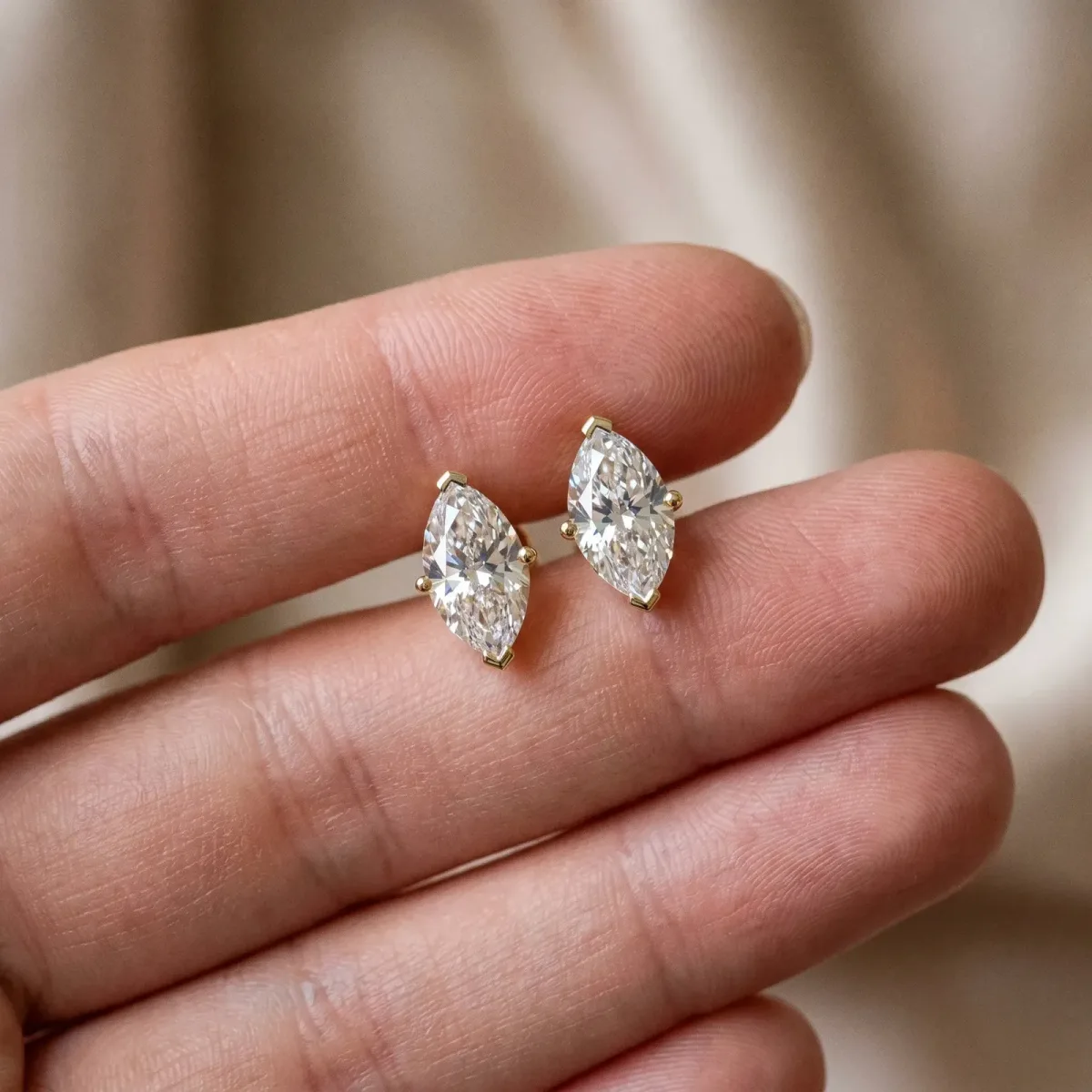Marquise Cut Diamond Stud Earrings Yellow gold