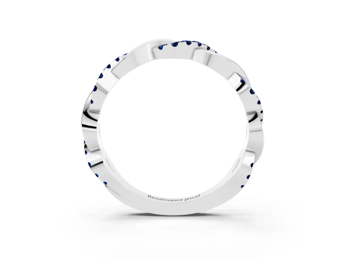 Pavé Round Blue Sapphire Twist Eternity Band with Shared Prong Setting White gold