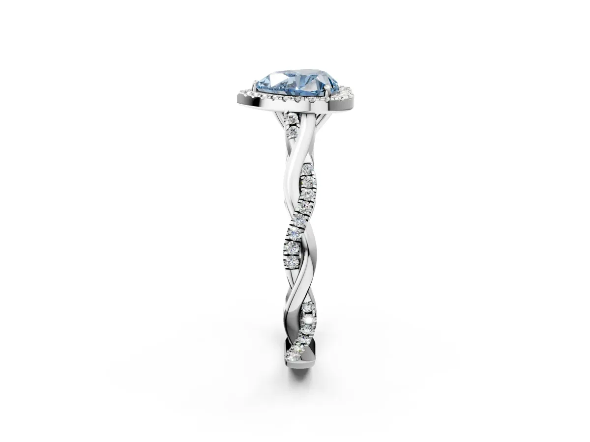 Fancy Blue Heart Cut Halo Twist Band Solitaire Ring Platinum
