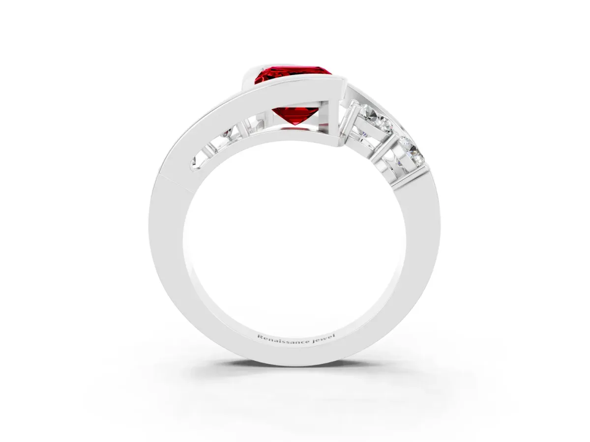 Bezel Set Emerald Cut Ruby Bypass Ring with Round Accents Silver