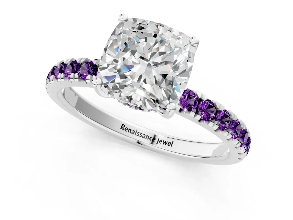 Cushion Cut Diamond Pave Band Solitaire Ring with Round Amethyst and Prong Setting Silver