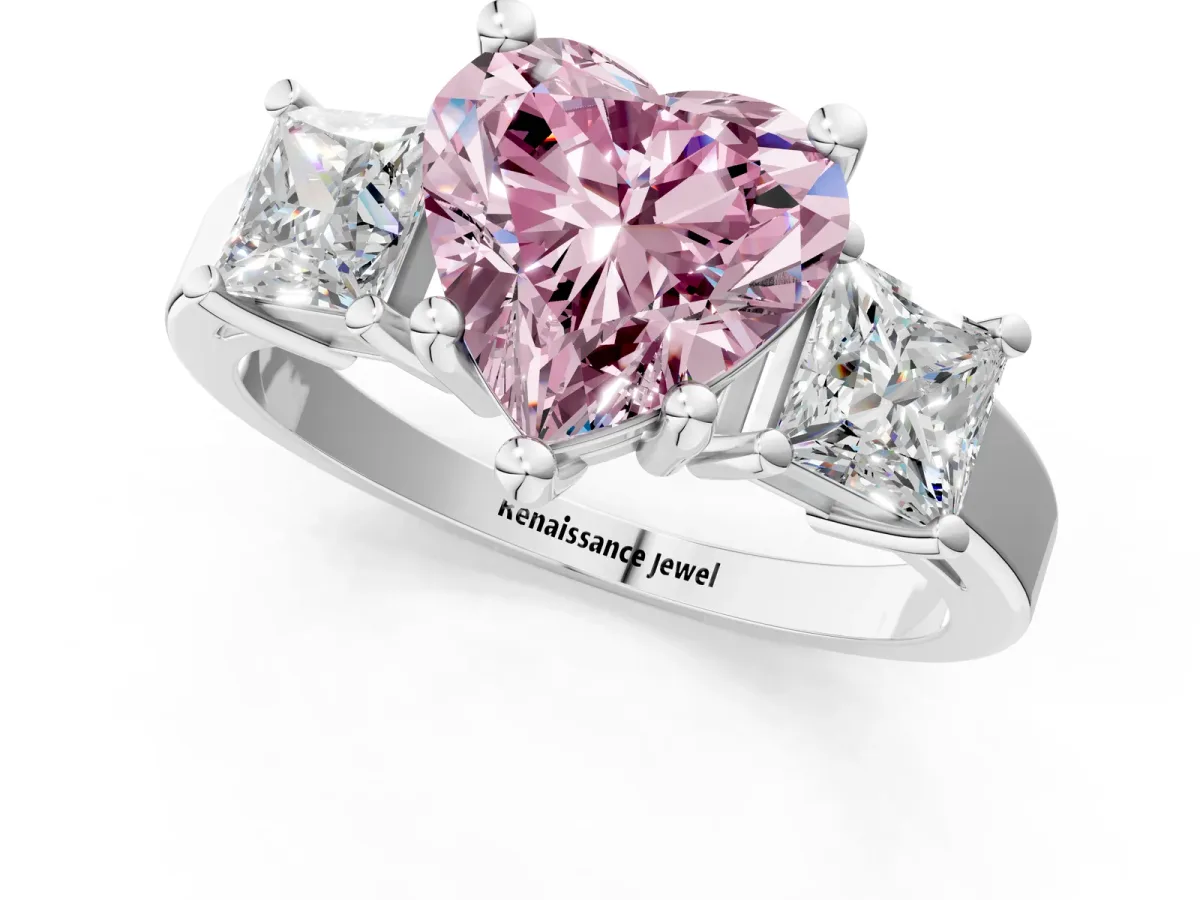 Fancy Pink Three-Stone Heart Cut Cut Solitaire Ring with Prong Setting Platinum