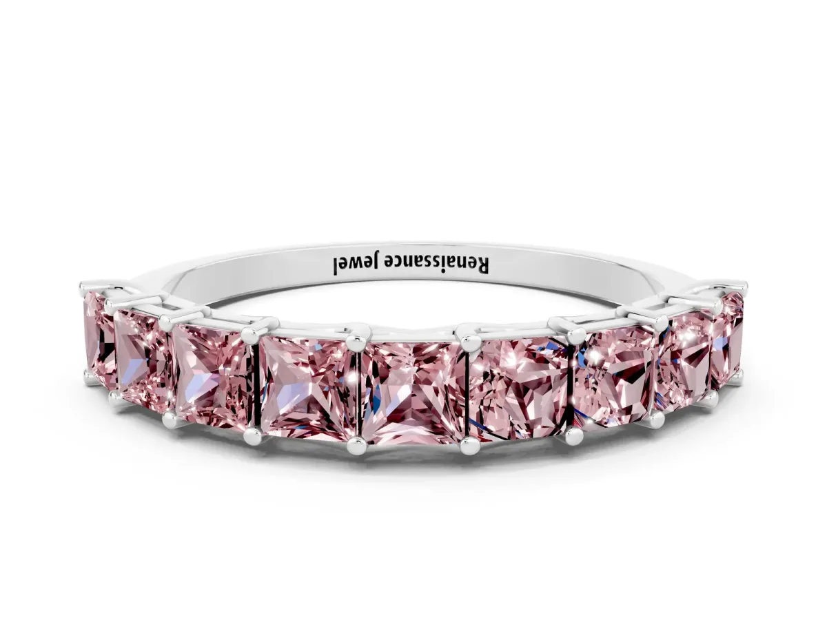 Princess Cut Morganite Channel-Set Eternity Band with Prong Setting Silver