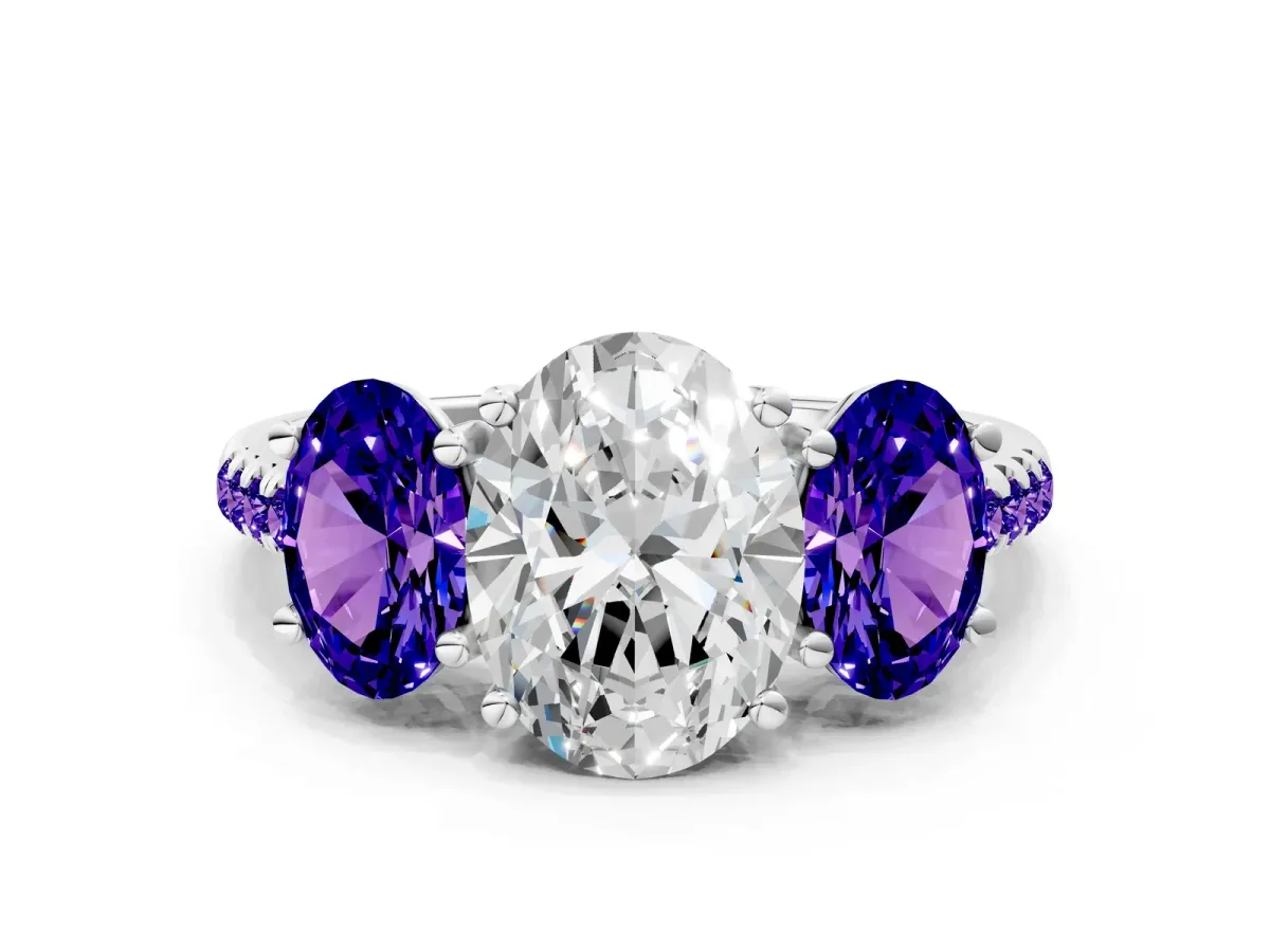 Three-Stone Oval Cut Diamond Ring with Round Tanzanite Pavé Band and Prong Setting Silver