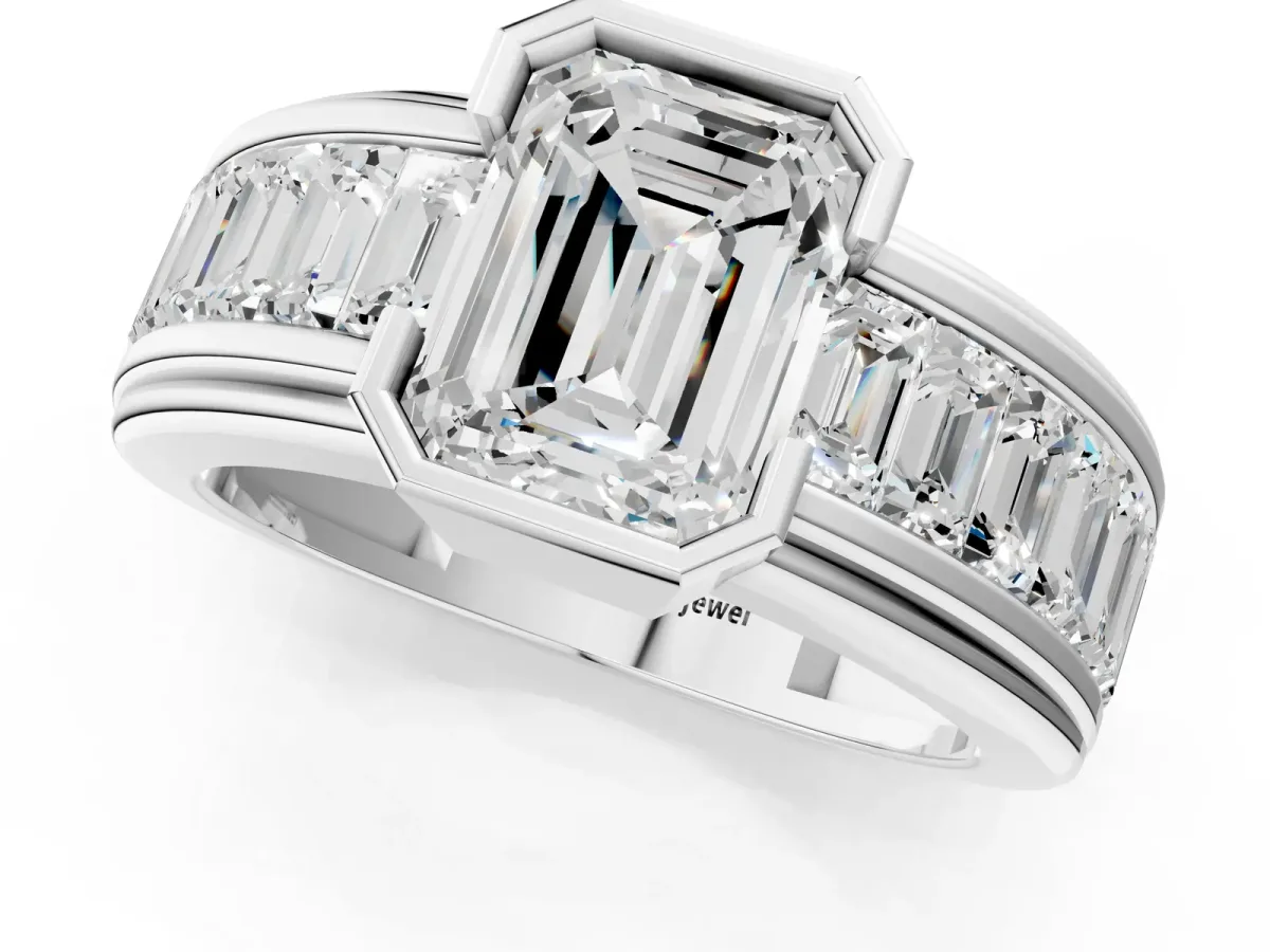 Emerald Cut Diamond Side Stone Engagement Ring Silver