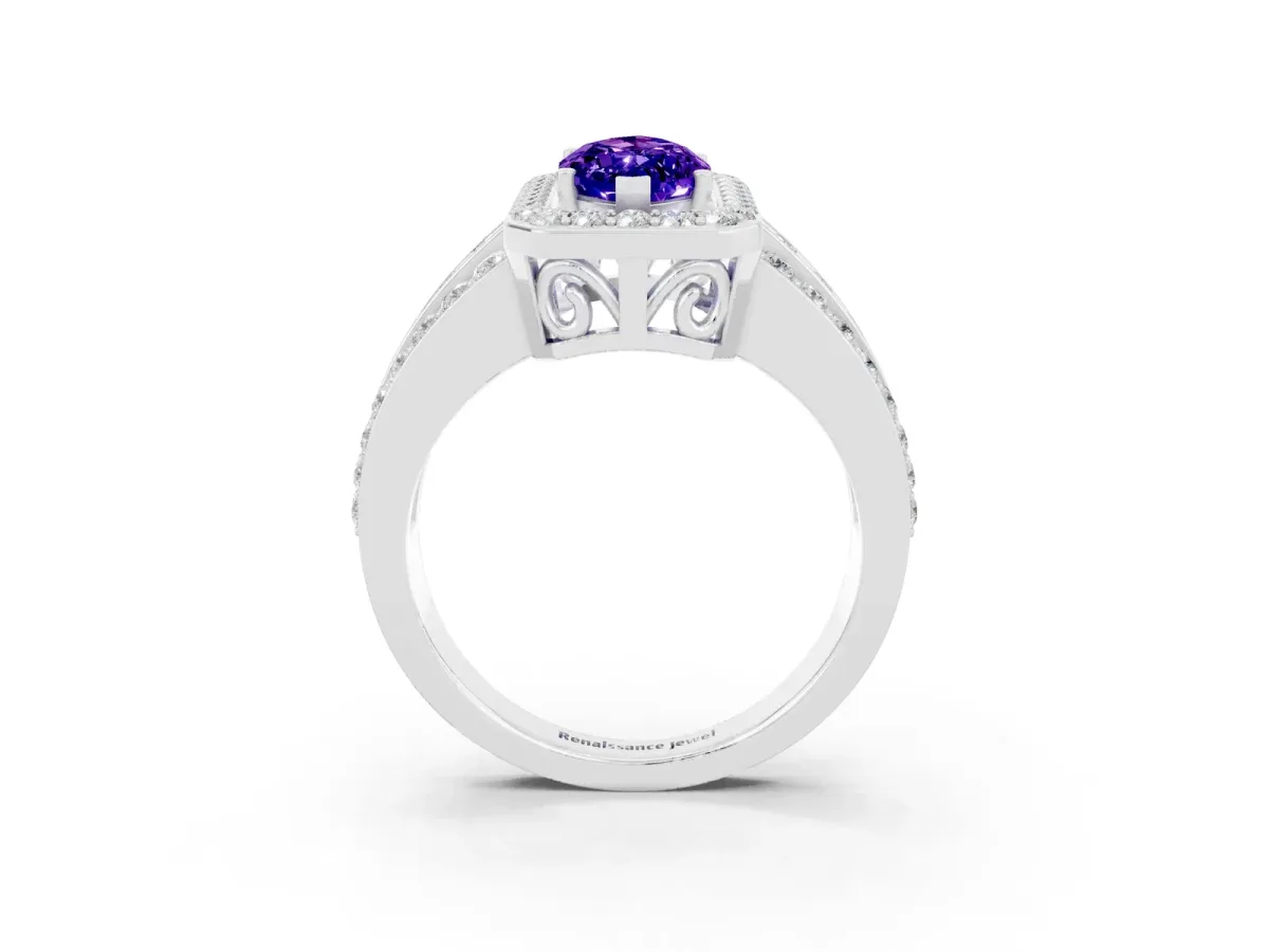 Marquise Cut Halo Tanzanite Ring with Round Split Shank and Prong Setting Platinum