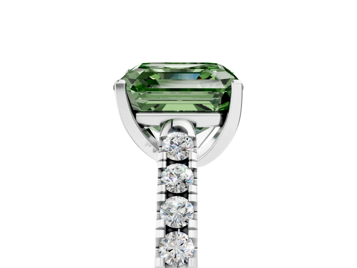 Fancy Green Asscher Cut Diamond Pavé Band Solitaire Ring with Prong Setting Platinum