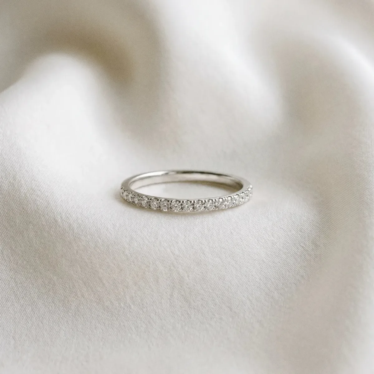 Round Diamond Pavé Set Thin Band Silver