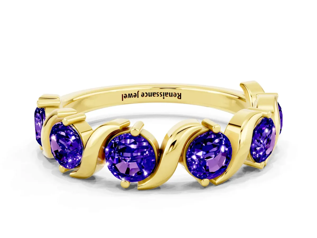Six-Stone Round Tanzanite Wave Band with Shared Prong Setting Yellow gold
