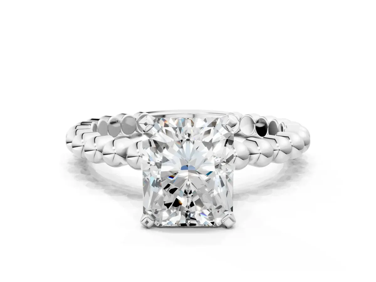 Radiant Cut Diamond Solitaire Ring with Beaded Band and Prong Setting Platinum