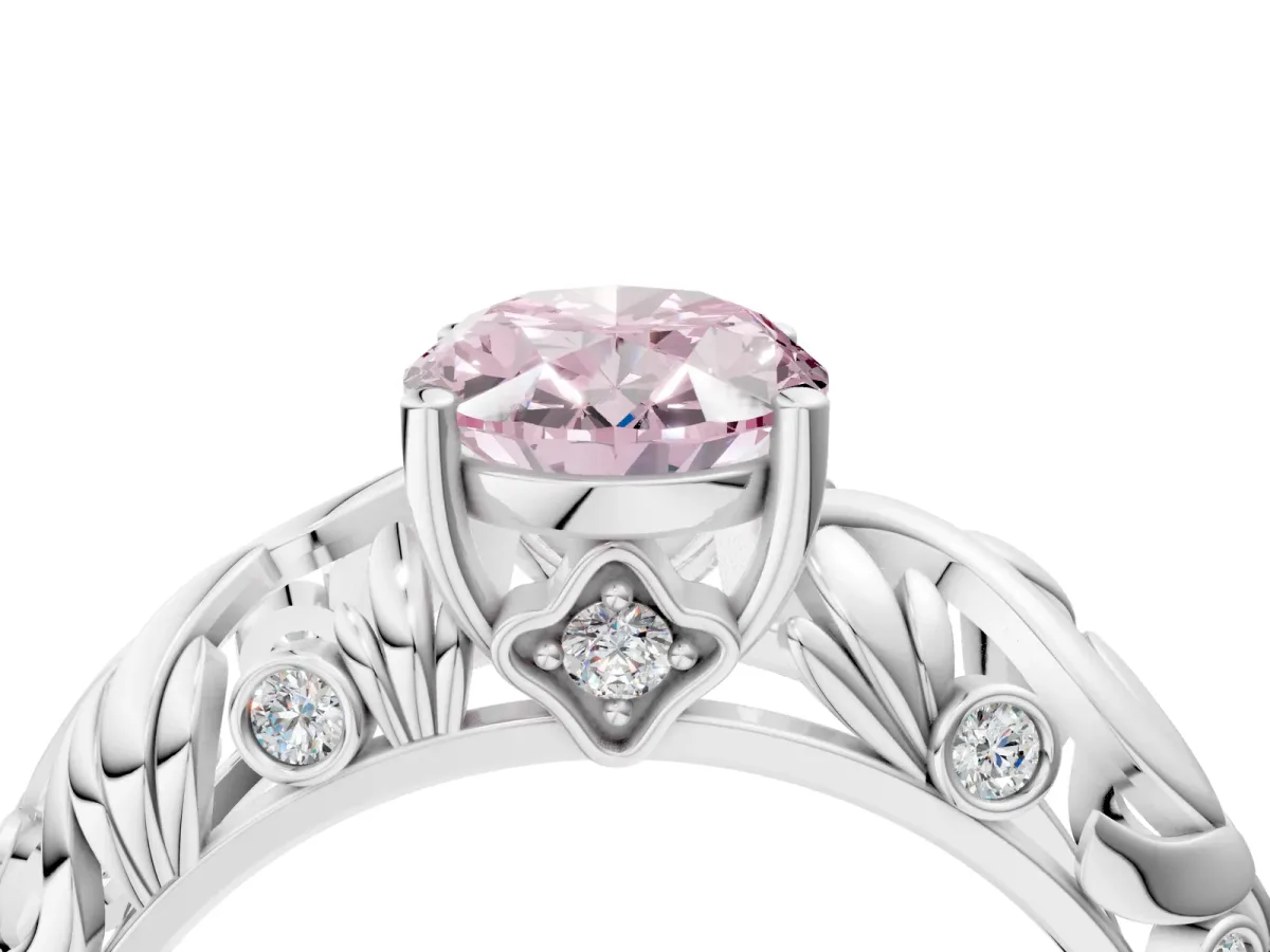 Fancy Pink Oval Cut Solitaire Diamond Leaf-Inspired Vine Band Ring with Prong Setting White gold