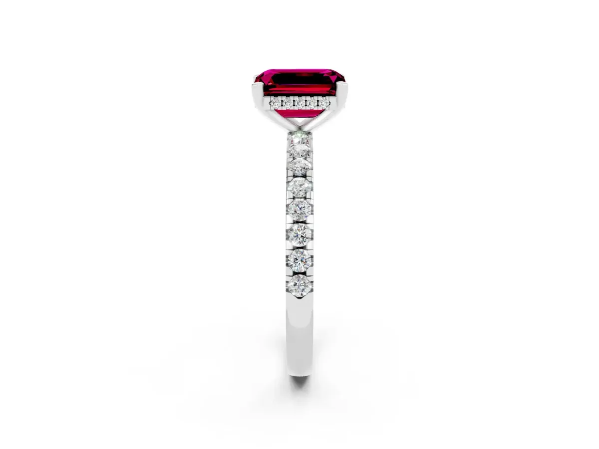 Emerald Cut Garnet Solitaire Ring with Round Pavé Band and Four-Prong Setting Silver