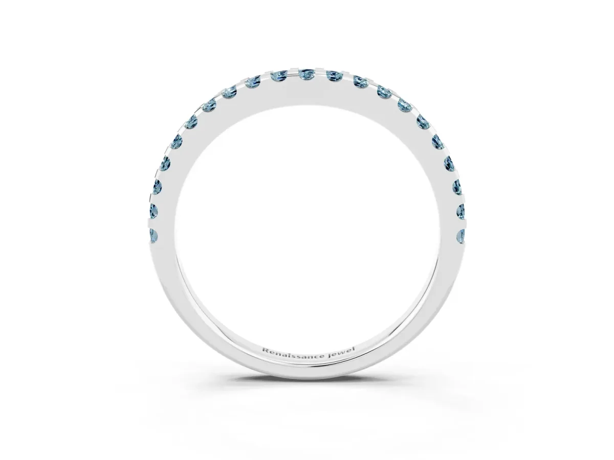 Round Aquamarine Pavé Curved Wedding Band Platinum