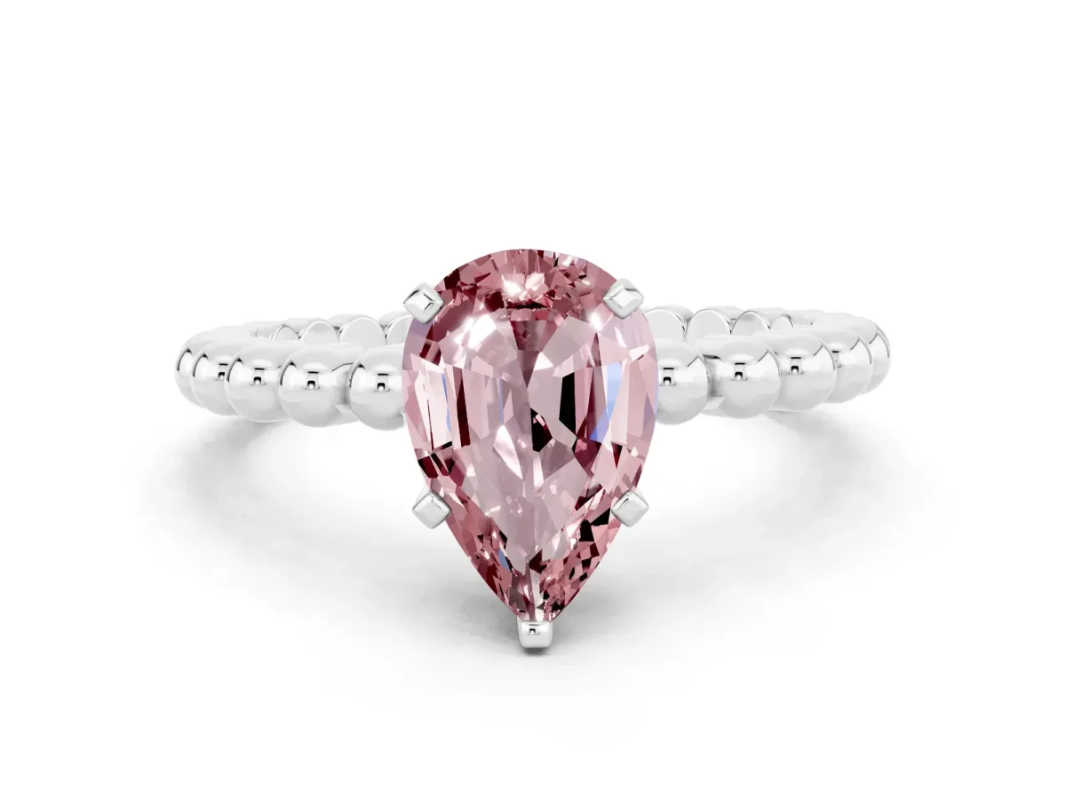 Pear Cut Morganite Solitaire Ring with Beaded Band and Prong Setting Silver