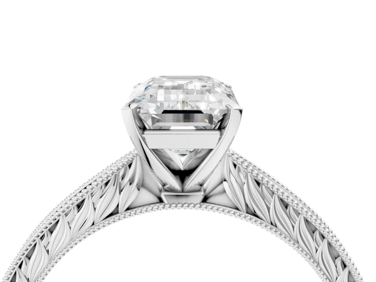 Emerald Cut Solitaire Milgrain Engraved Band with Four-Prong Setting White gold