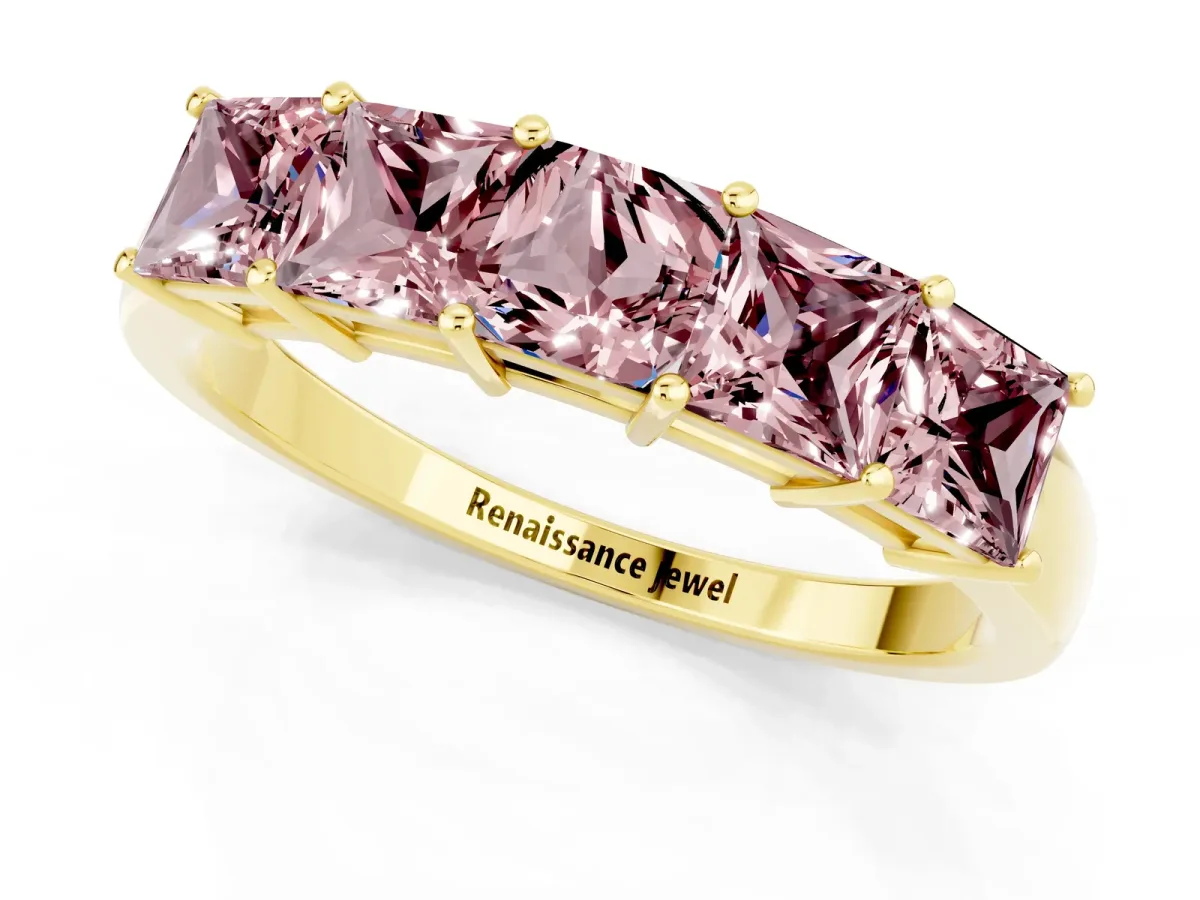 Princess Cut Five-Stone Morganite Band with Prong Setting Yellow gold