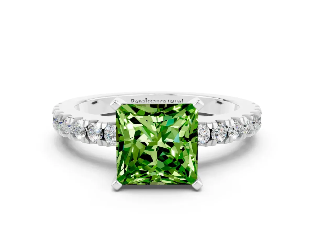 Princess Cut Solitaire Peridot with Pavé Band and Four-Prong Setting Silver