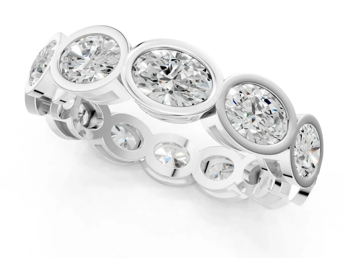 Oval Diamond Bezel Set Eternity Wedding Band Silver