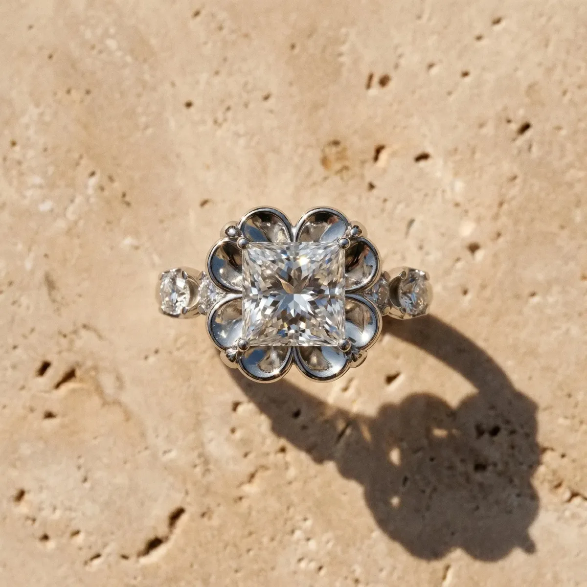 Princess Cut Cut Diamond Floral Halo Engagement Ring with Shared Prong Setting Silver