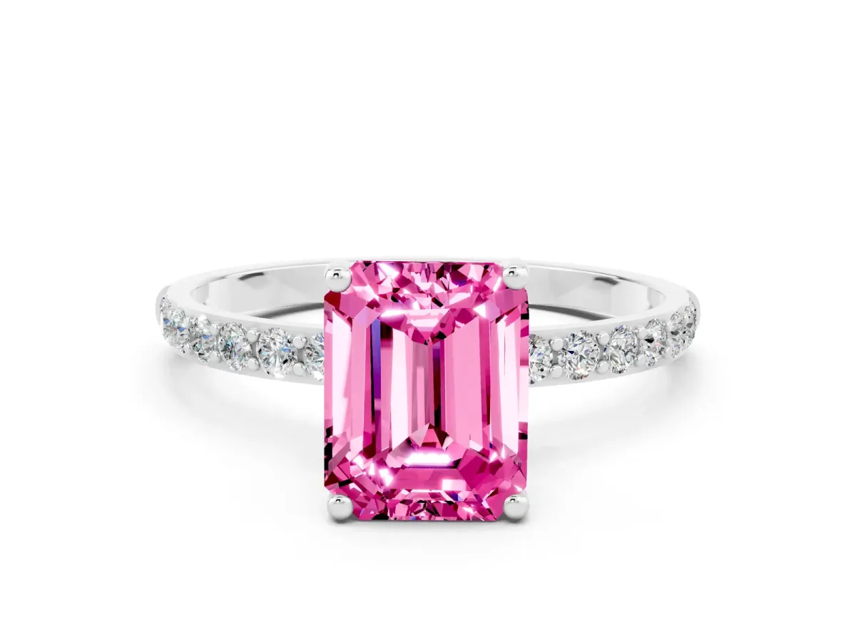 Emerald Cut Pink Sapphire Solitaire Ring with Round Pavé Shoulders and Prong Setting Silver