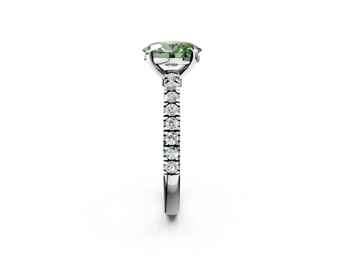 Fancy Green Oval Cut Solitaire Diamond with Pavé Band and Four-Prong Setting Silver