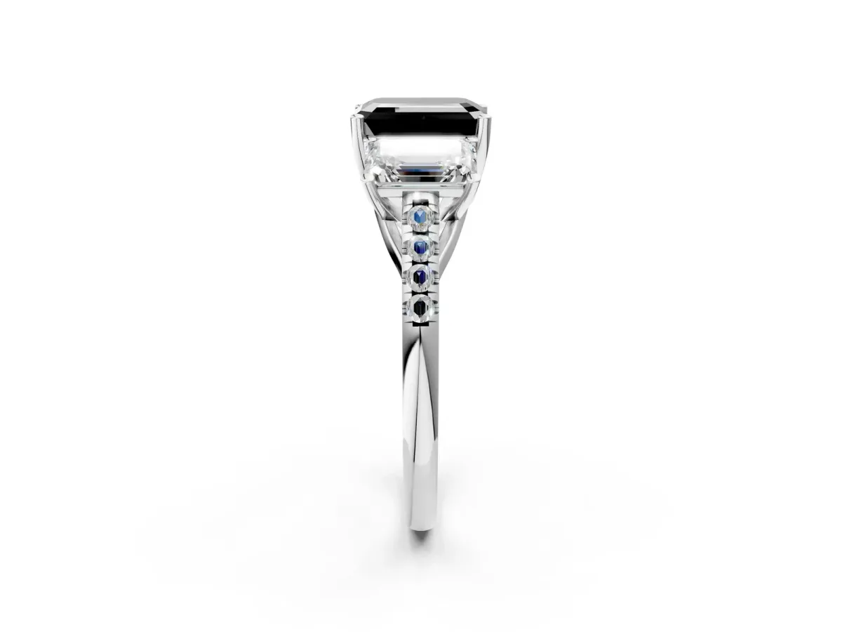 Fancy Black Three-Stone Emerald Cut Diamond Ring with Round Pavé Band and Prong Setting Platinum