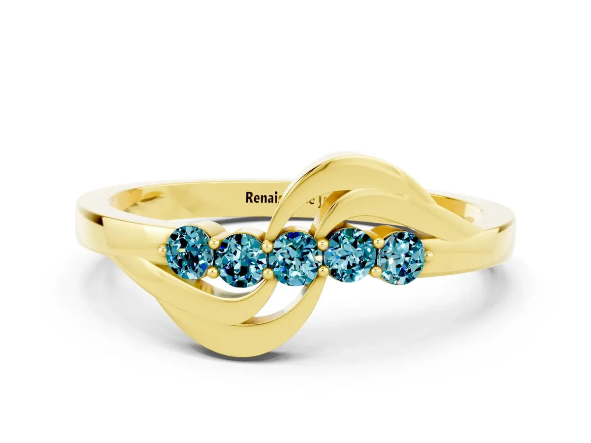 Five-Stone Round Blue Topaz Crossover Band with Prong Setting Yellow gold