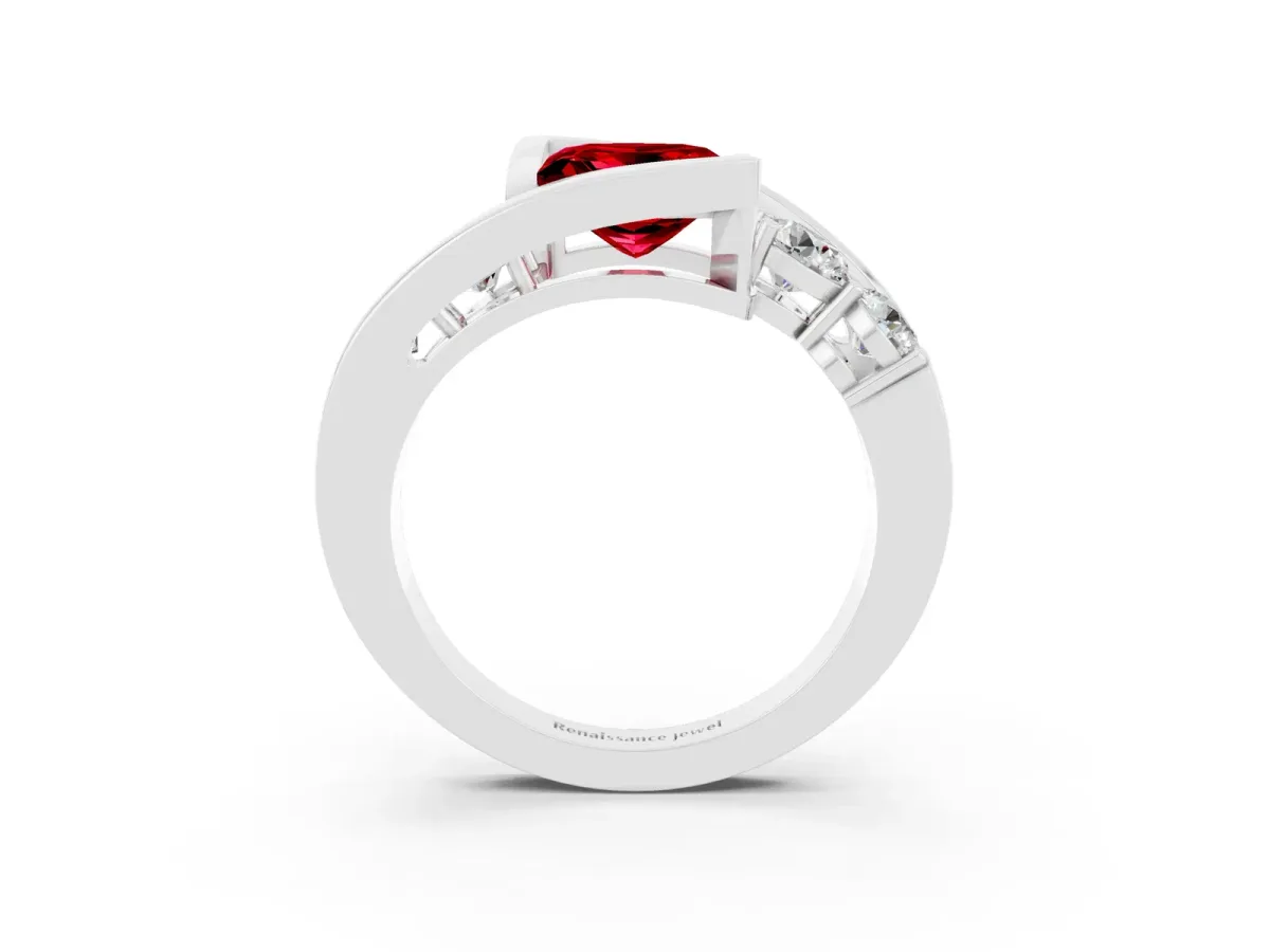 Bezel Set Princess Cut Ruby Bypass Ring with Round Accents Silver